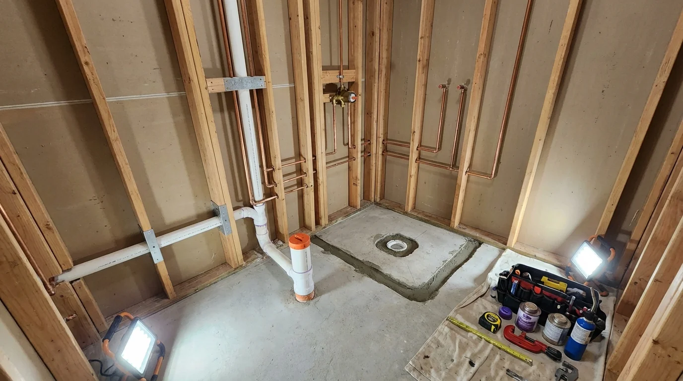 Bathroom rough-in plumbing during remodel by Johns Plumbing LLC in Houlton