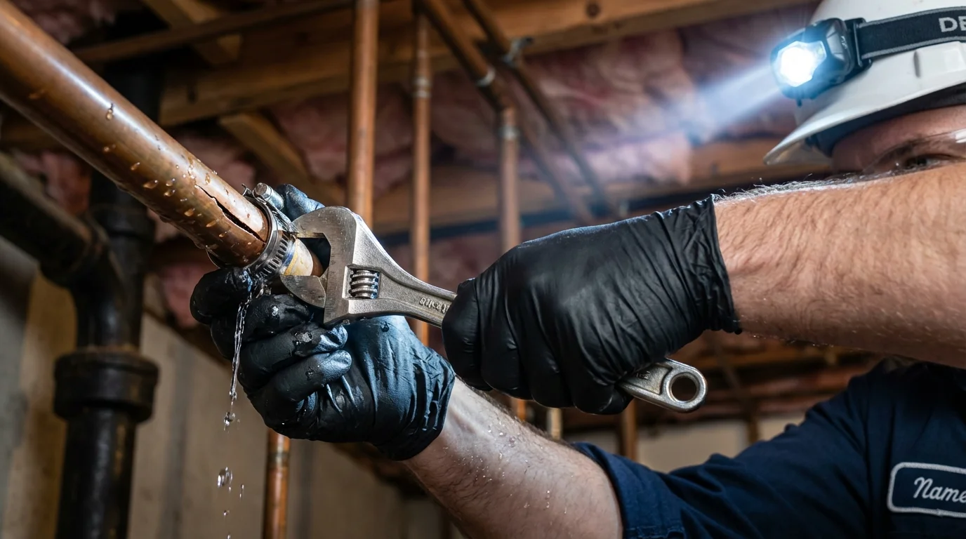 Emergency pipe clamp repair being performed by a Johns Plumbing LLC plumber in Houlton