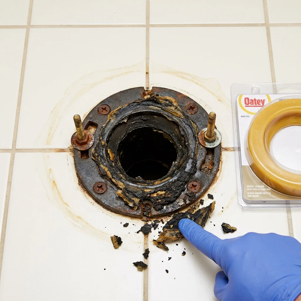Failed wax ring showing water seepage at the base of a toilet in a Houlton, ME home