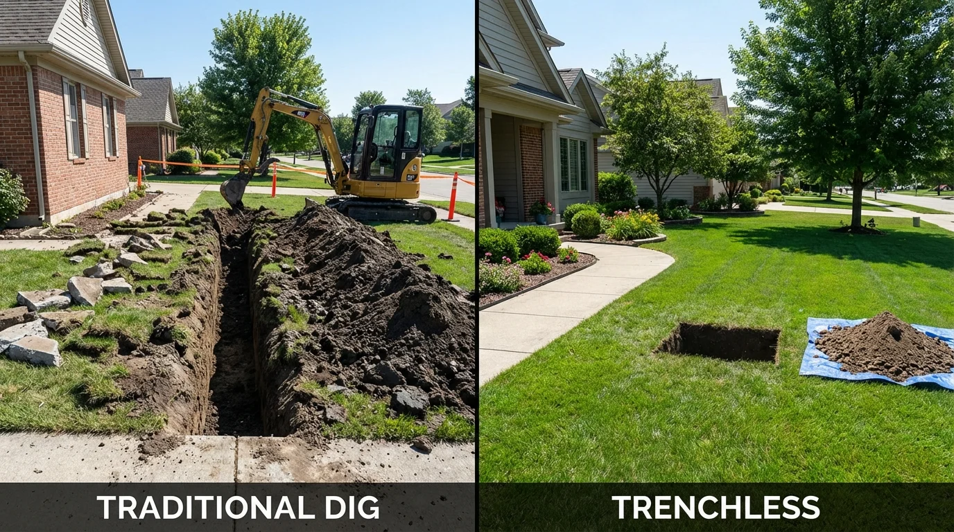 Trenchless sewer repair with minimal yard damage versus traditional excavation in Houlton, ME