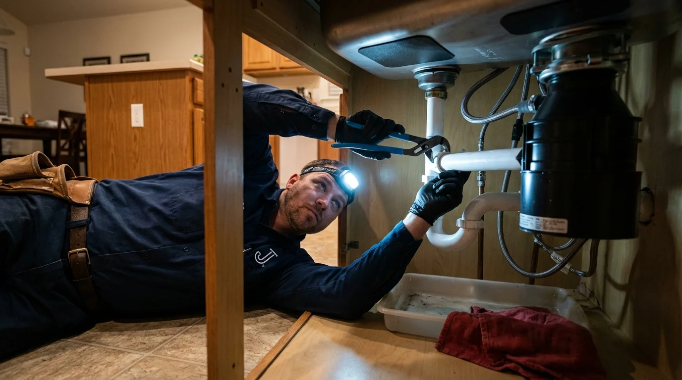 P-trap and supply line connections under a kitchen sink showing a common leak point in Houlton, ME